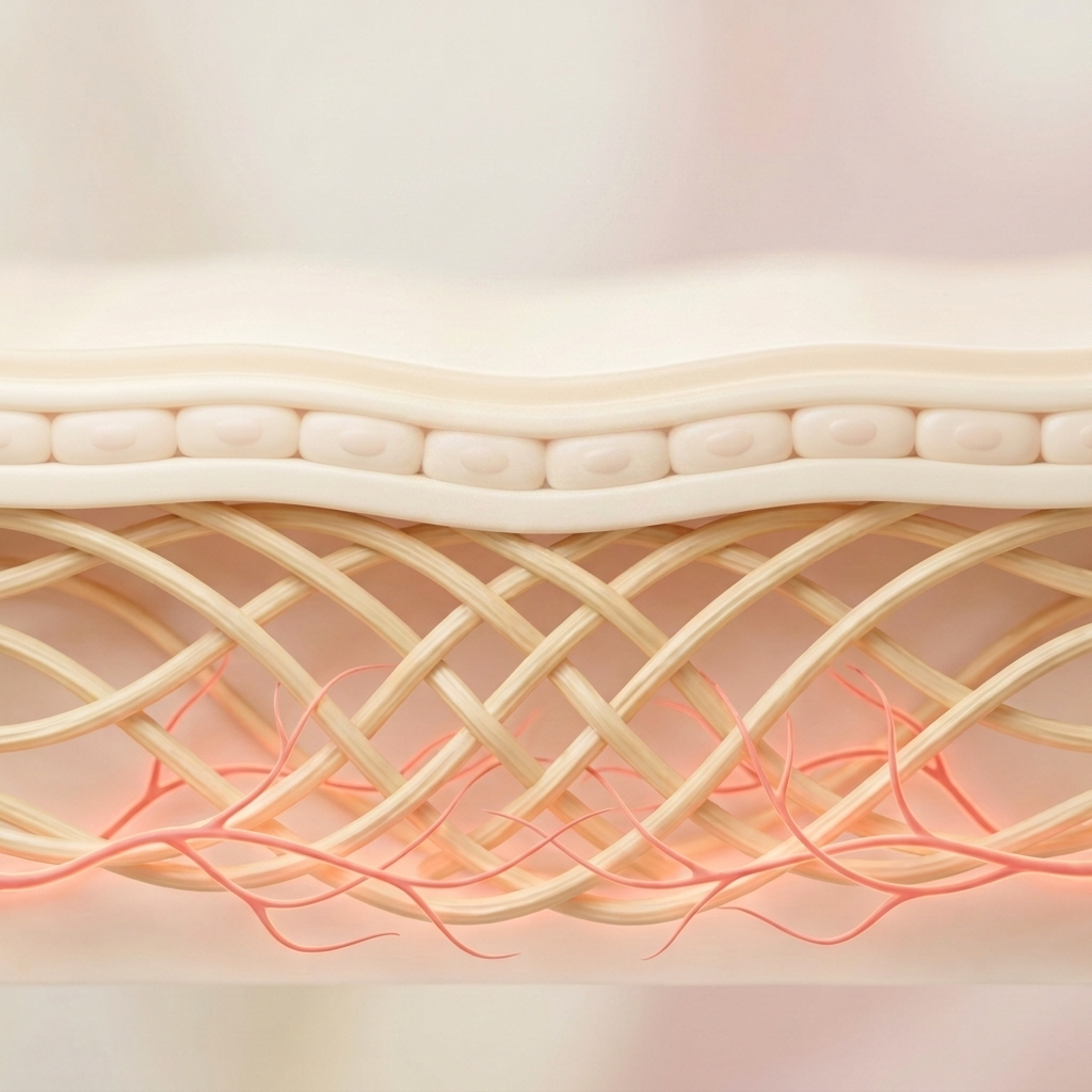ILLUSTRATION — skin cross-section: barrier, collagen mesh, blood vessels