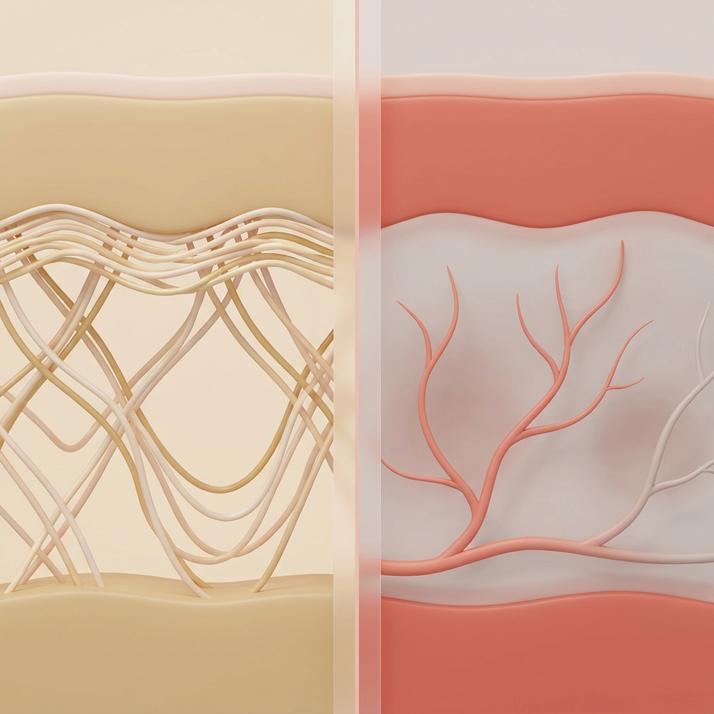 SPLIT ILLUSTRATION — reduced collagen density vs. reduced circulation