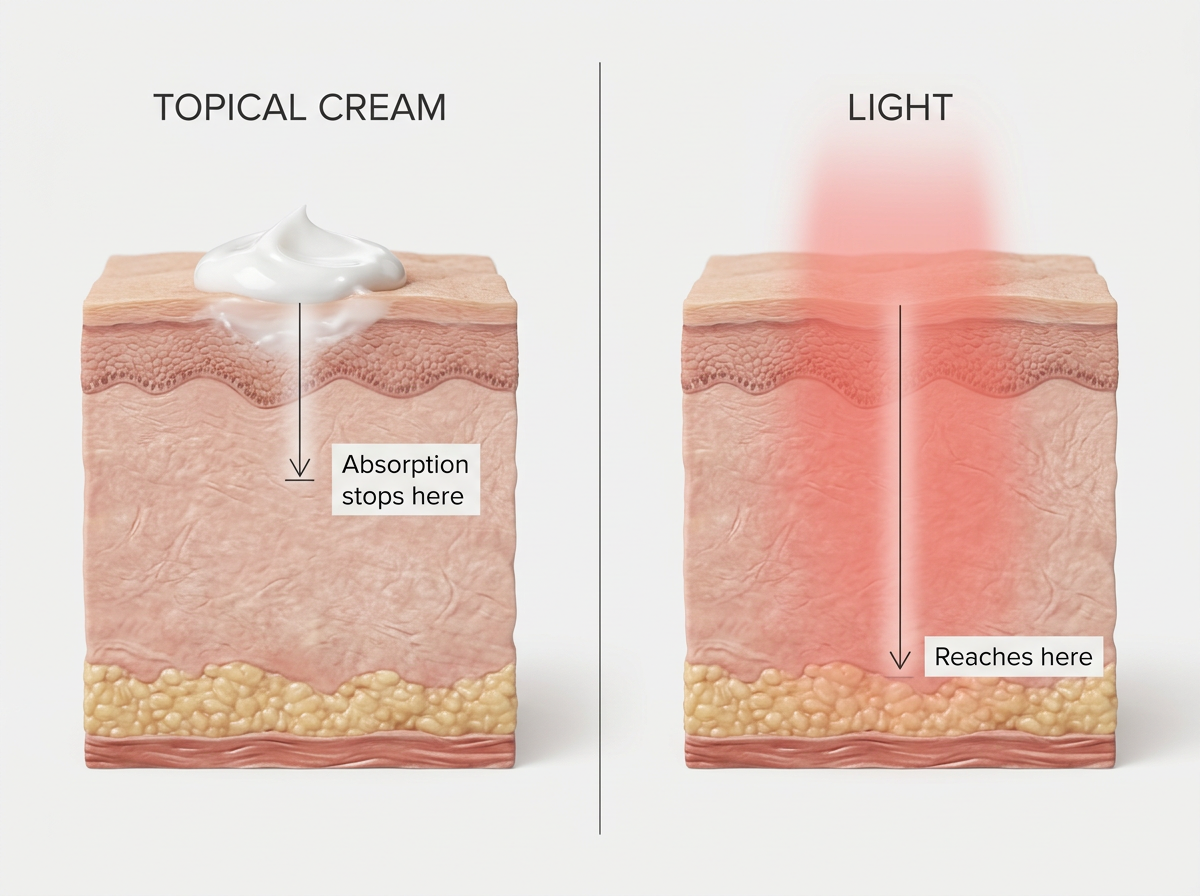 Side-by-side comparison diagram: topical cream absorption stopping at the epidermis vs. light penetration depth reaching subcutaneous tissue, both labeled with arrows and depth markers
