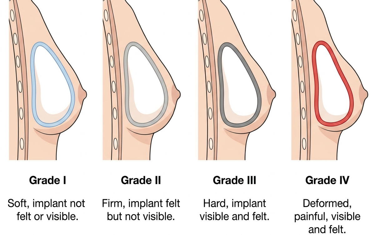 Simple diagram: the 4-grade capsular contracture scale (Baker Grade I-IV), labeled, showing how a soft capsule progresses to a firm, distorted one