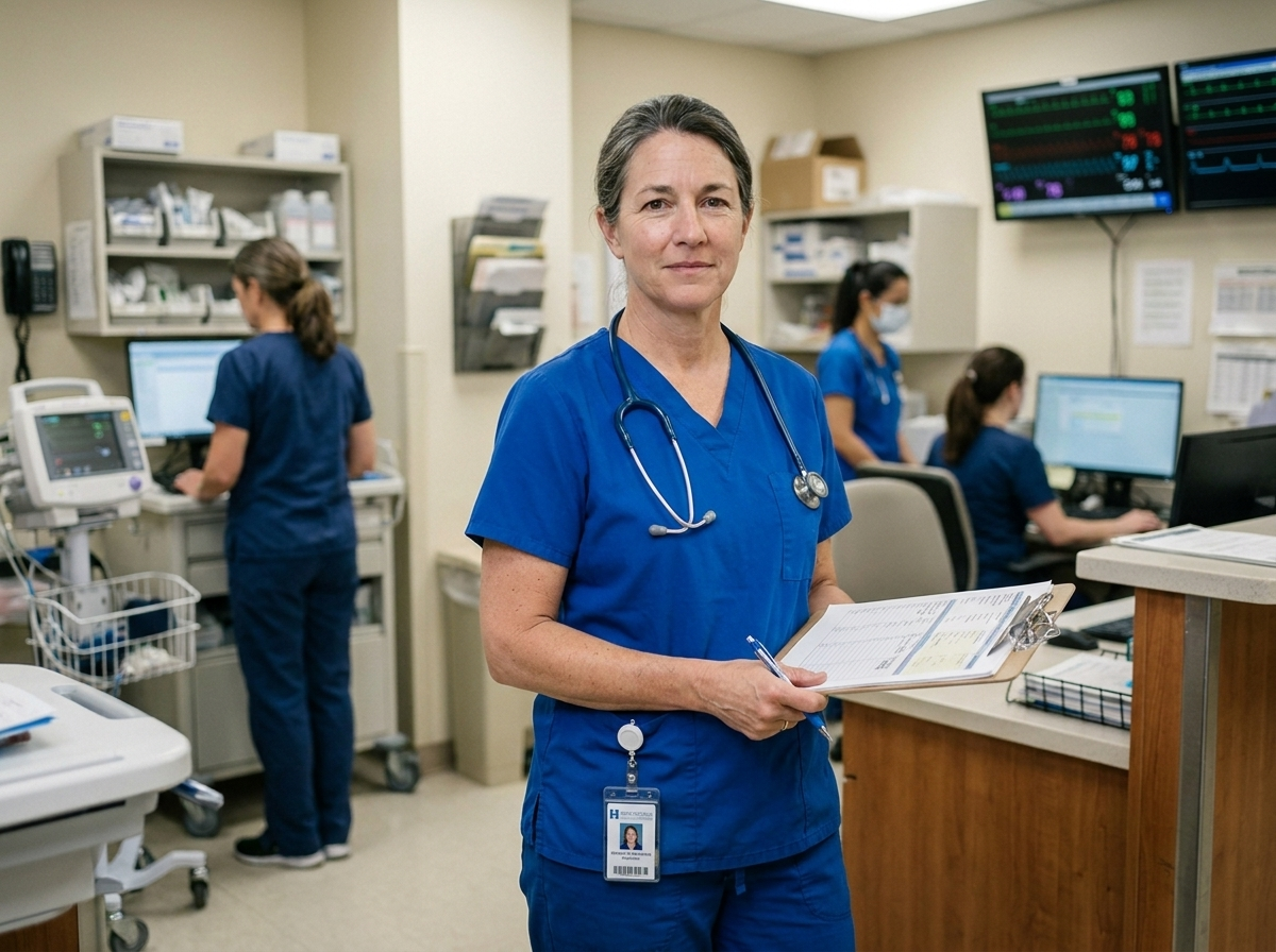 Nurse in scrubs standing beside an anatomical reference chart in a recovery clinic setting